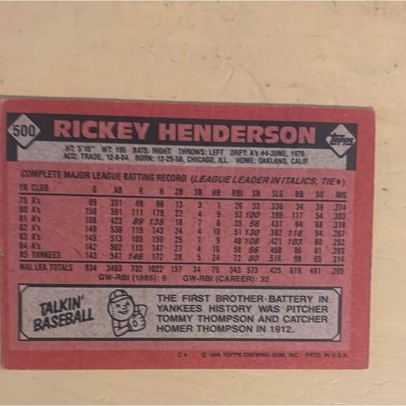 1986 TOPPS RICKEY HENDERSON #500 RARE - Picture 2 of 2